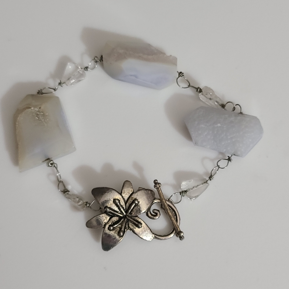 Raw blue lace agate celestite bracelet druzy rock crystal silver flower lily